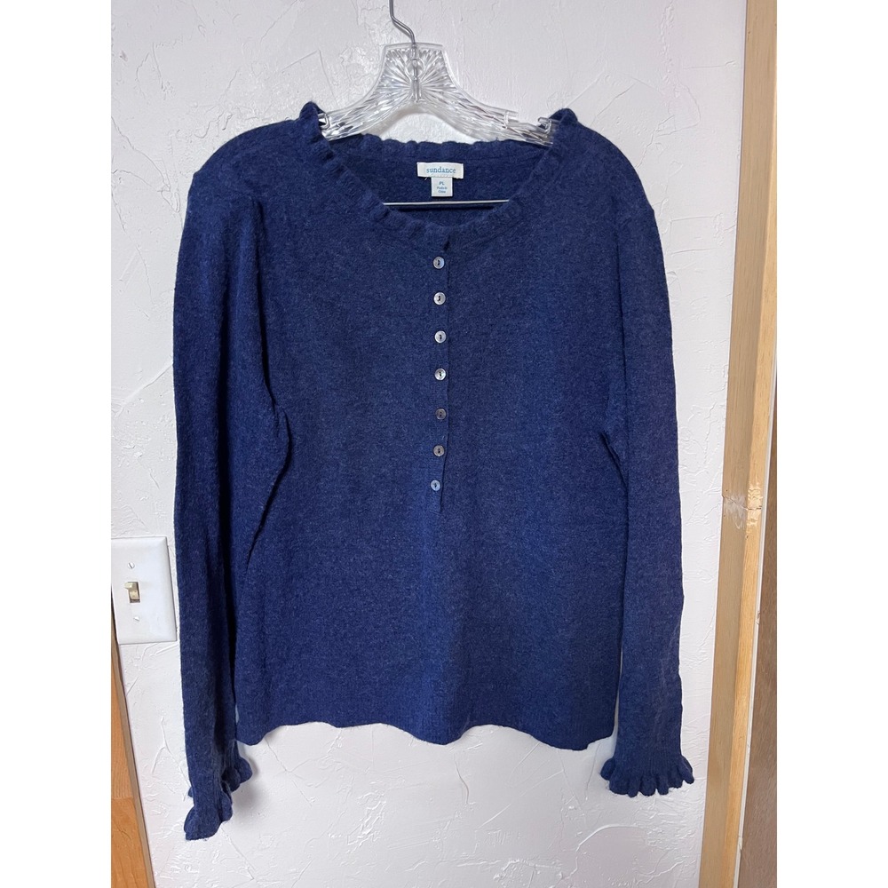 Sundance Cashmere Navy Blue Ruffle Neck Button Up‎ Long Sleeve Sweater Top PL